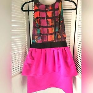 MILLY PEPLUM GRAFFITI COCKTAIL MINI SILK DRESS SZ 2